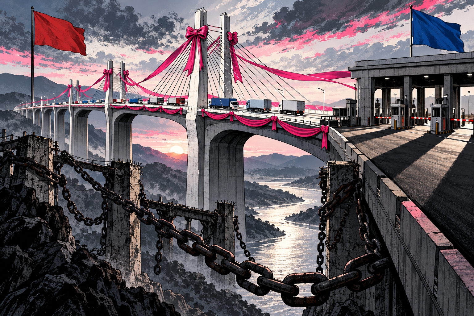 Ribboned trucks cross a new border bridge while heavy sanctions chains hang beneath the span.