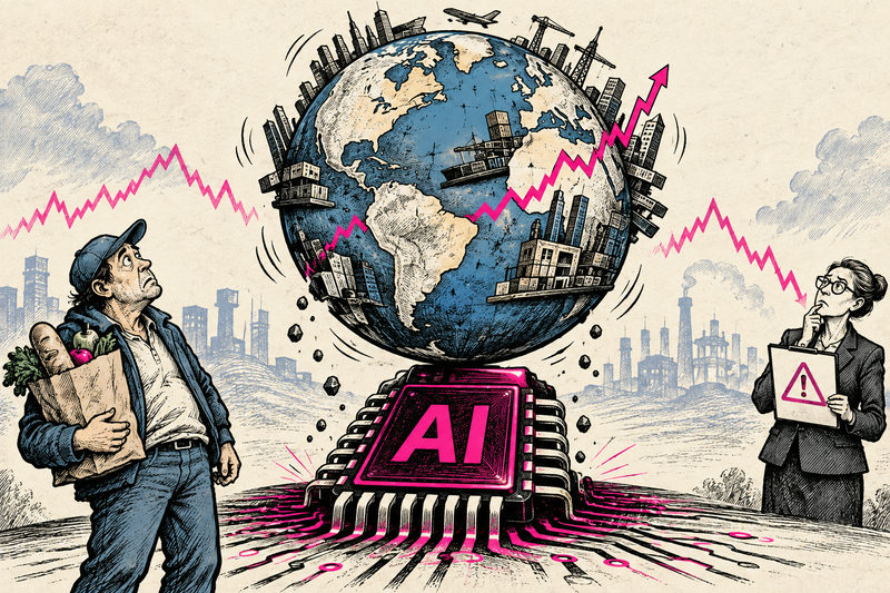 Satirical illustration accompanying “The IMF’s AI Economy Comes With a Catch: Your Groceries Aren’t Included”