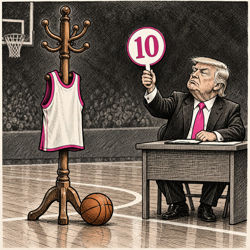Democrawonk — Trump gives a score of 10 to a motionless coat rack wearing a basketball jersey, with a basketball resting unused at its base.