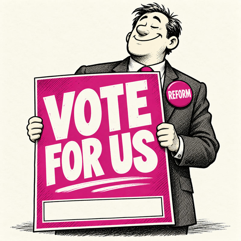 Democrawonk — A campaigner wearing a REFORM badge holds a pink VOTE FOR US poster with an empty publisher-imprint box.
