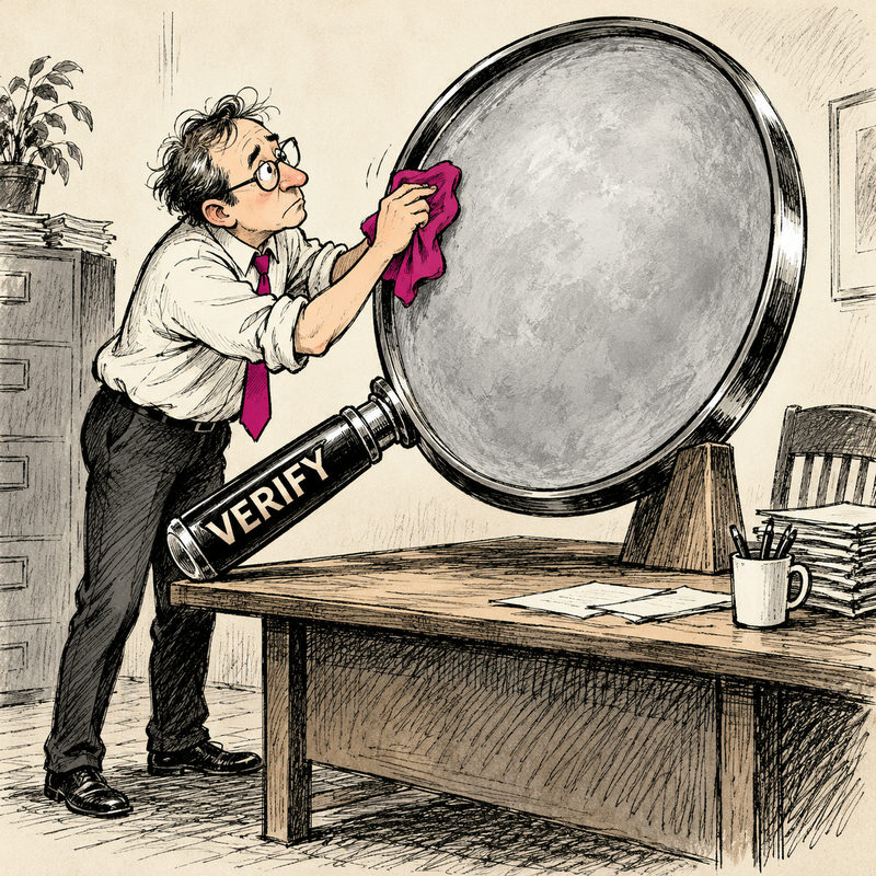A bespectacled editor polishes an enormous opaque magnifying glass marked VERIFY, in a black-ink editorial cartoon with pink accents.