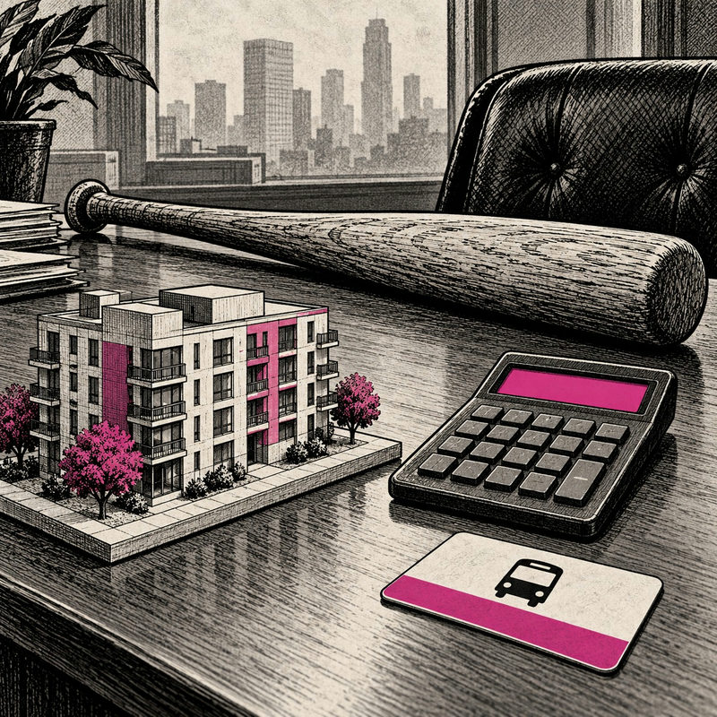 Democrawonk — A baseball bat lies beside a housing model, calculator and bus pass on a desk.