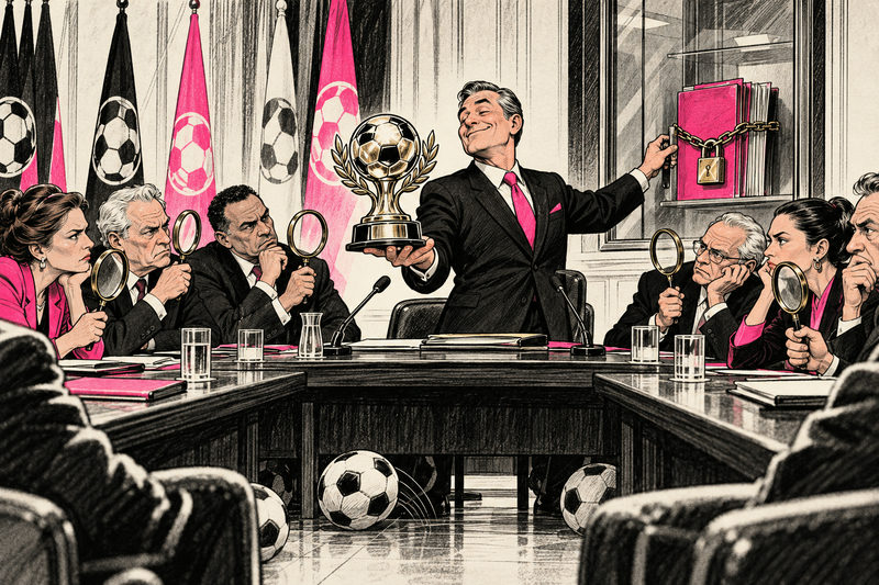 A soccer executive presents an apology trophy while locking a thick folder labeled with question marks inside a glass case.