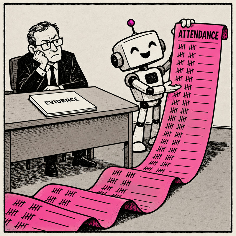Democrawonk — A smiling robot presents a long pink ATTENDANCE register to an unimpressed examiner beside an EVIDENCE booklet.