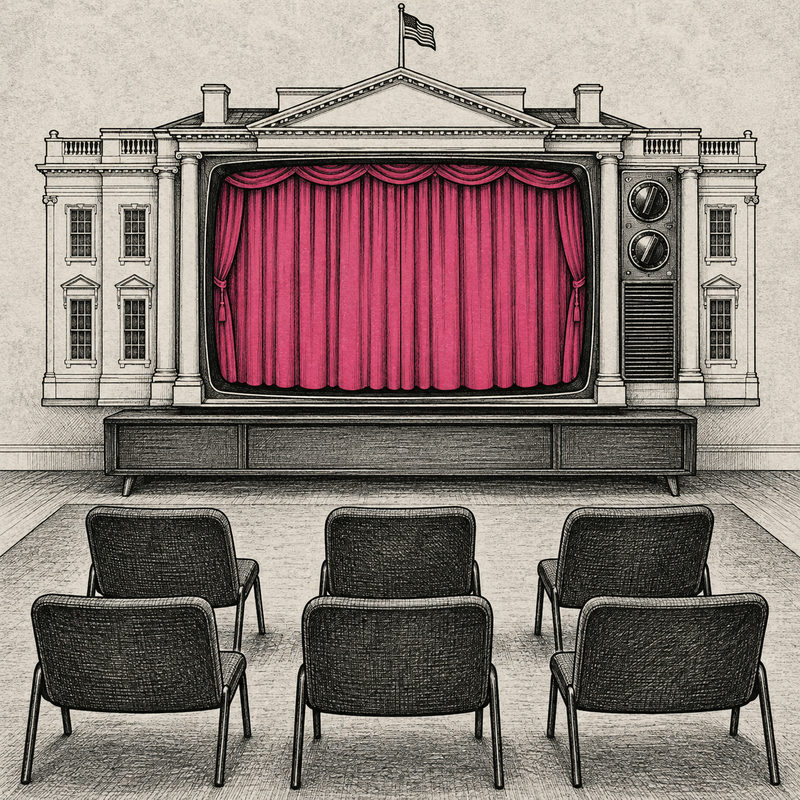 Democrawonk — Six empty audience chairs face a White House-shaped television whose screen is covered by a closed pink curtain.
