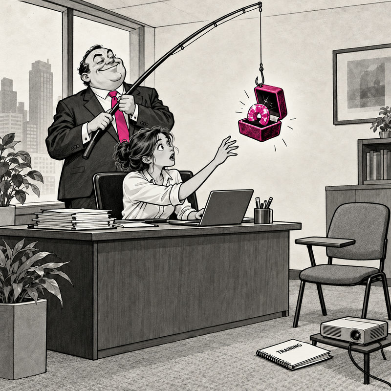 Democrawonk — A corporate boss dangles a pink ring box from a fishing rod above an employee beside cybersecurity-training equipment.