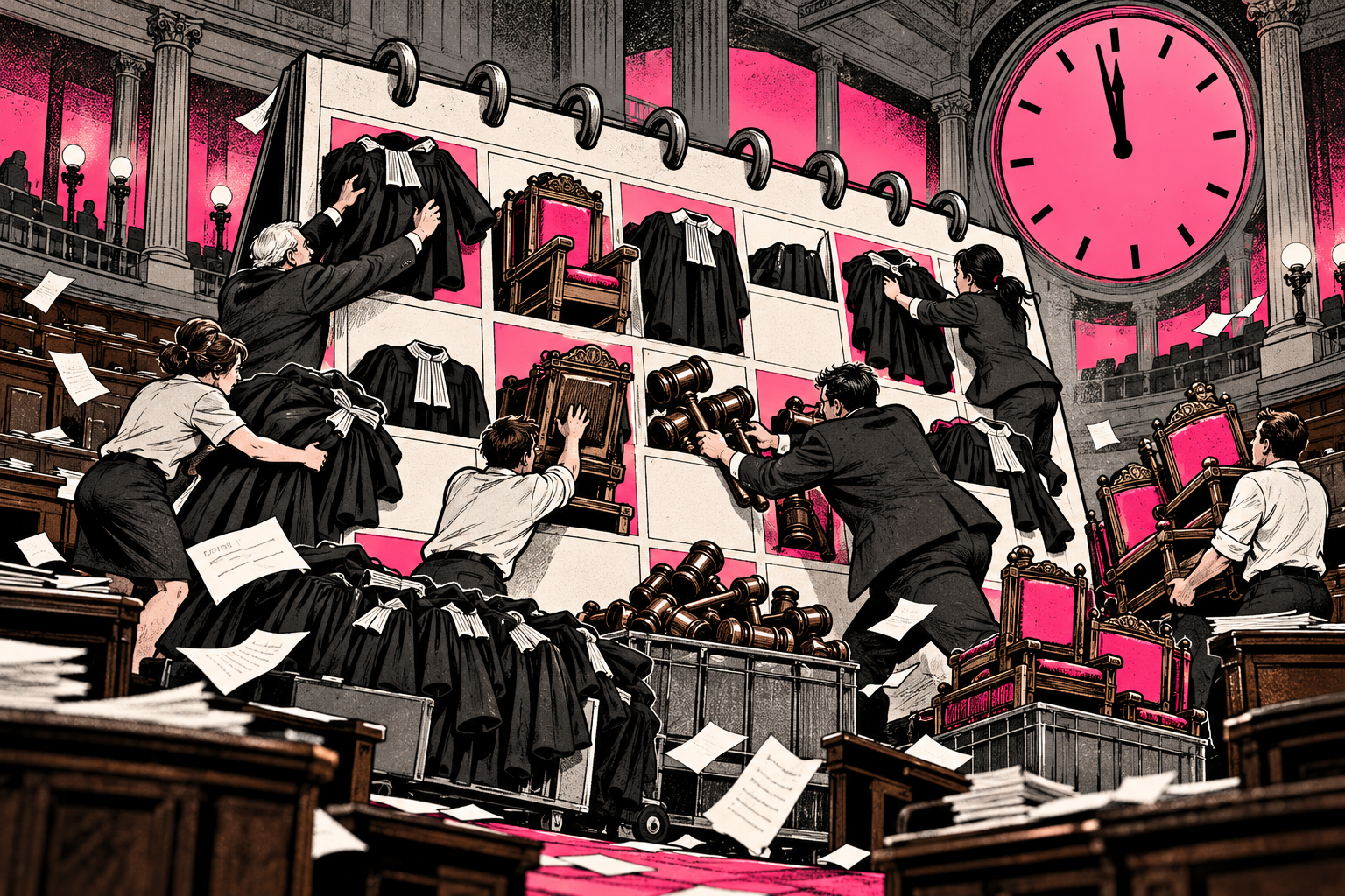 Legislative staff rush judicial robes, gavels and chairs into an overloaded calendar before closing time.