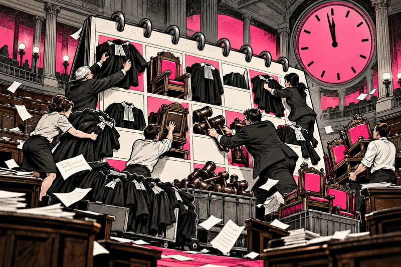 Legislative staff rush judicial robes, gavels and chairs into an overloaded calendar before closing time.