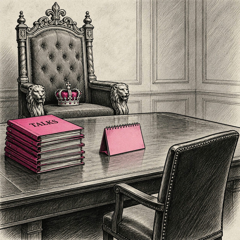 Democrawonk — An empty ornate throne and crown face a conference table with a stack of pink TALKS folders and a blank pink calendar.
