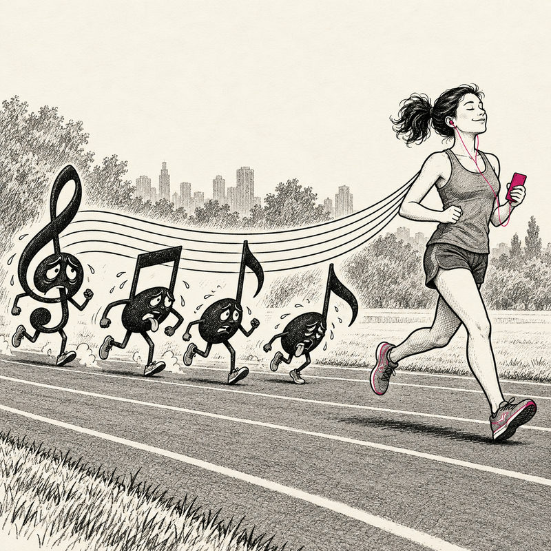 Democrawonk — A relaxed runner holding a pink music device leads a sweating treble clef and musical notes running to keep up beneath stretched staff lines.