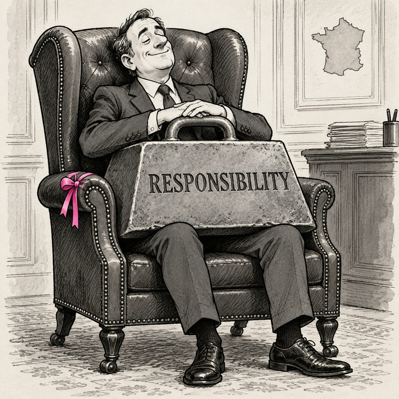 Cartoon official relaxes in an office chair with a heavy Responsibility weight across his lap and a map of France behind him.
