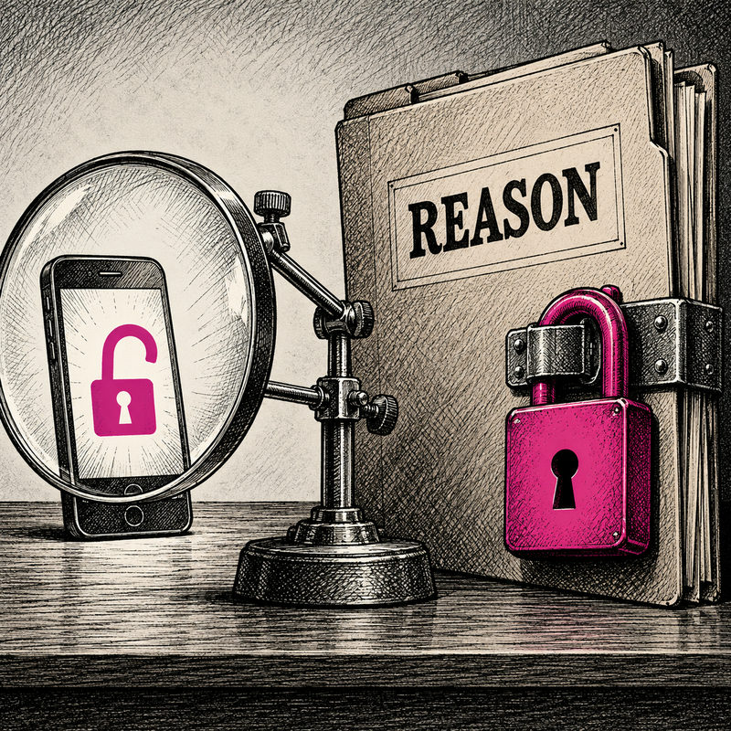 Democrawonk — A magnifying glass examines a phone showing an unlocked symbol beside a file marked REASON secured by a large pink padlock.