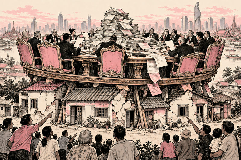 A vast international finance conference table rests on small homes while local citizens point to the strained foundations.