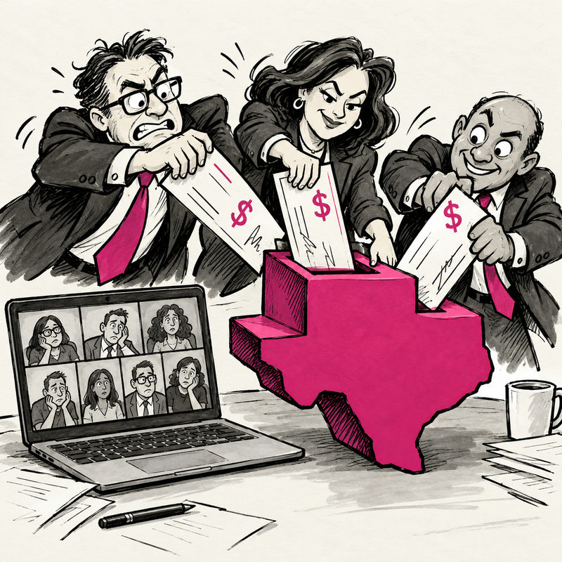 Editorial cartoon of Democratic strategists arguing over a giant Texas-shaped donation box while a laptop meeting goes unattended.