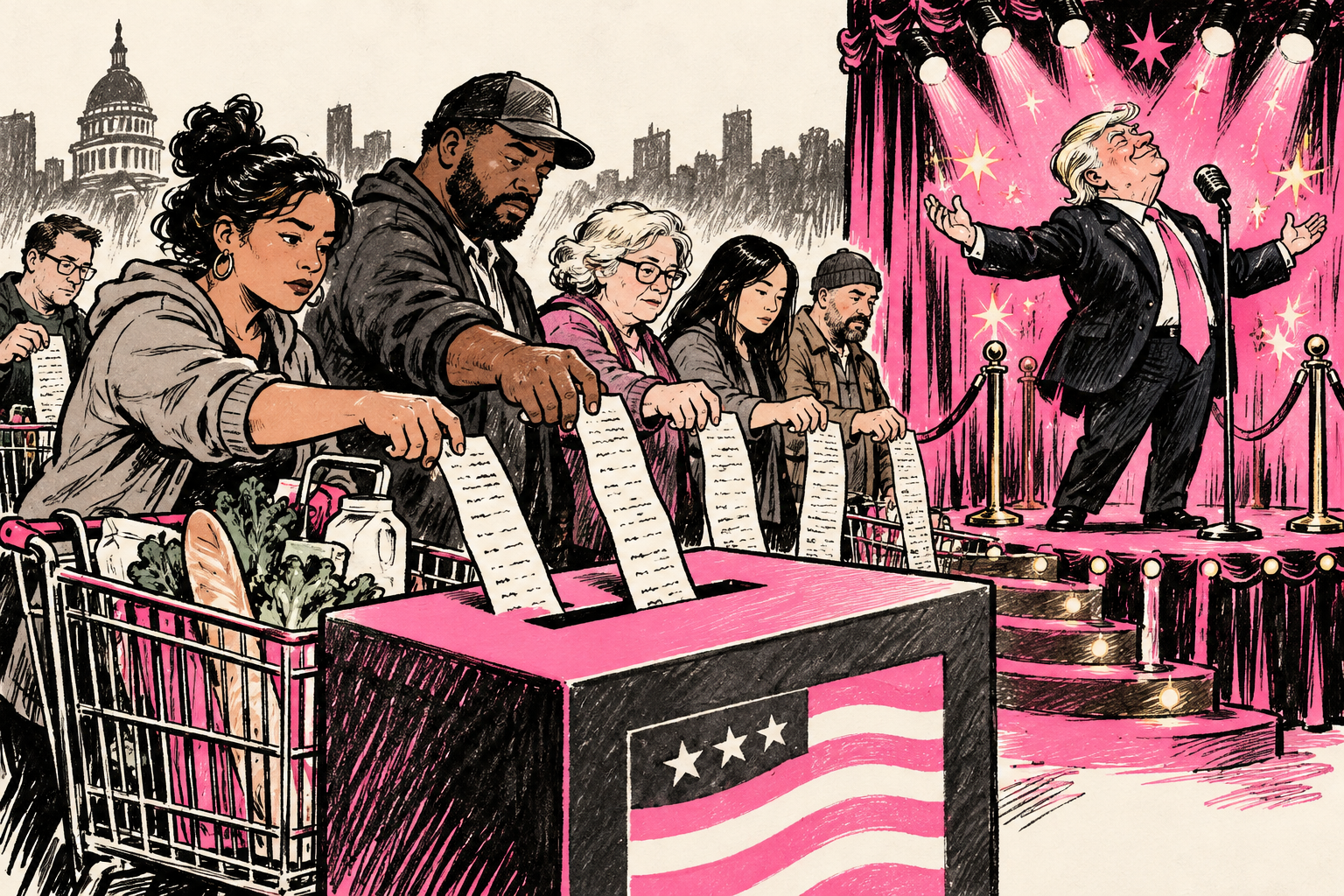 Shoppers put grocery receipts into a ballot box while a political showman tries to distract them. Original AI-generated satirical illustration.