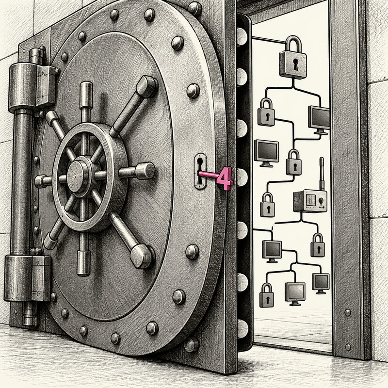 Democrawonk — A tiny pink key shaped like 4 opens a massive vault door protecting a connected network of locks and computers.