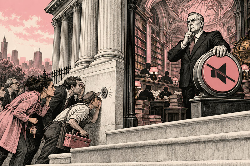 An anonymous banker hushes a central-bank building while ordinary borrowers strain to hear a tiny speaker.