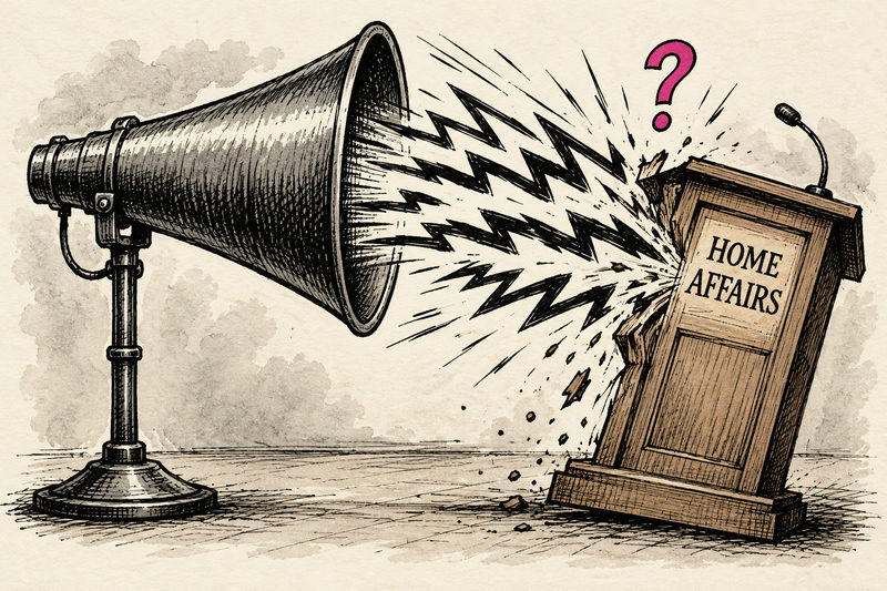 An oversized megaphone blasts jagged sound waves into a lectern marked Home Affairs, undermining its own speaking position.