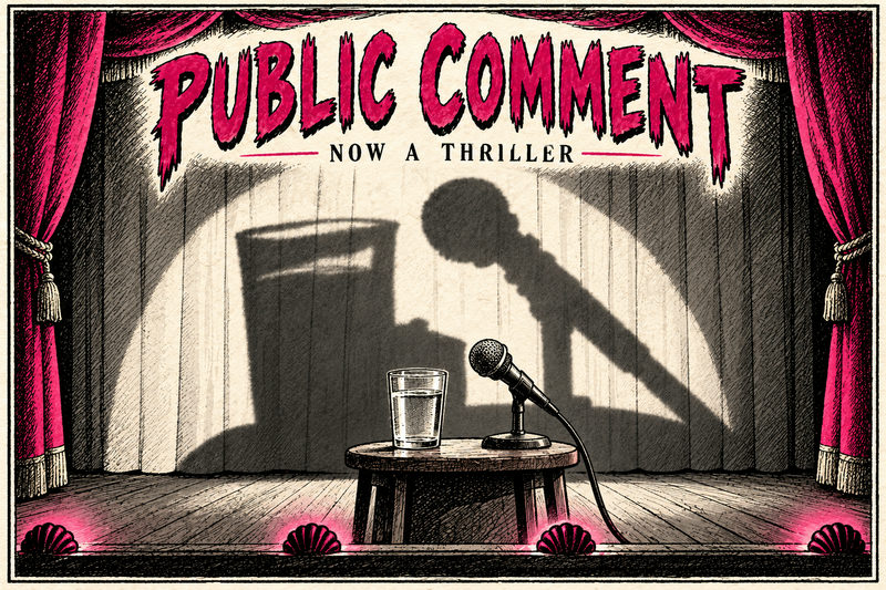 An imaginary PUBLIC COMMENT theater poster turns a small glass of water and microphone into enormous thriller shadows.