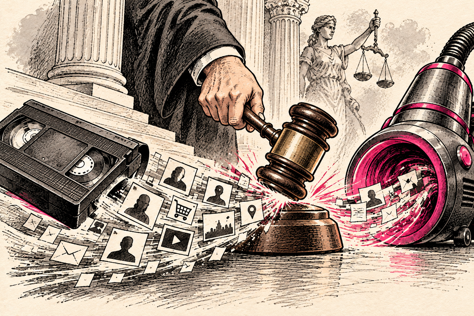 A courthouse gavel interrupts personal viewing-data cards being drawn from a videotape toward an advertising vacuum.