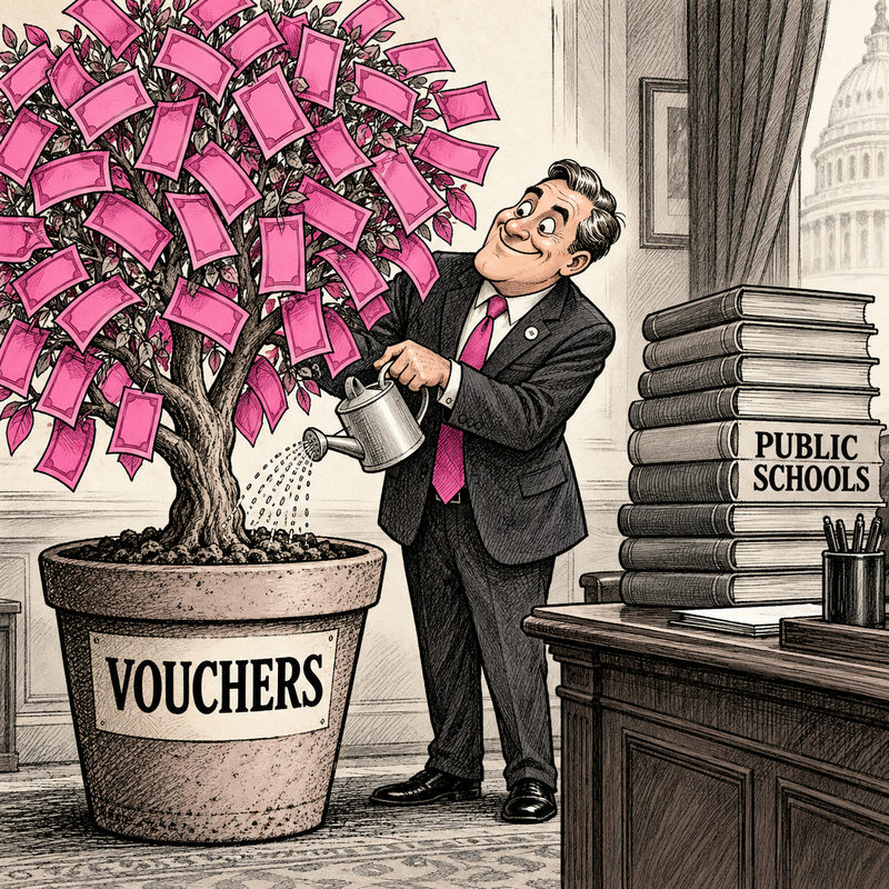 Democrawonk — A smiling lawmaker waters a money tree labeled Vouchers beside an unattended stack of Public Schools books.
