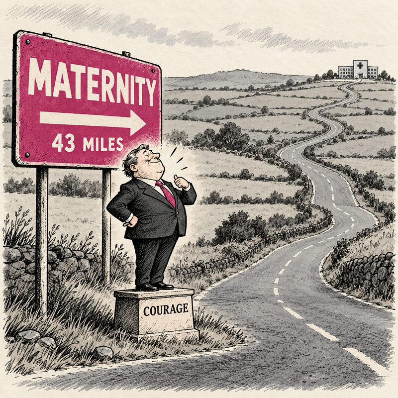 A generic official stands on a COURAGE pedestal beside a MATERNITY43MILES sign and a winding road to a distant hospital.