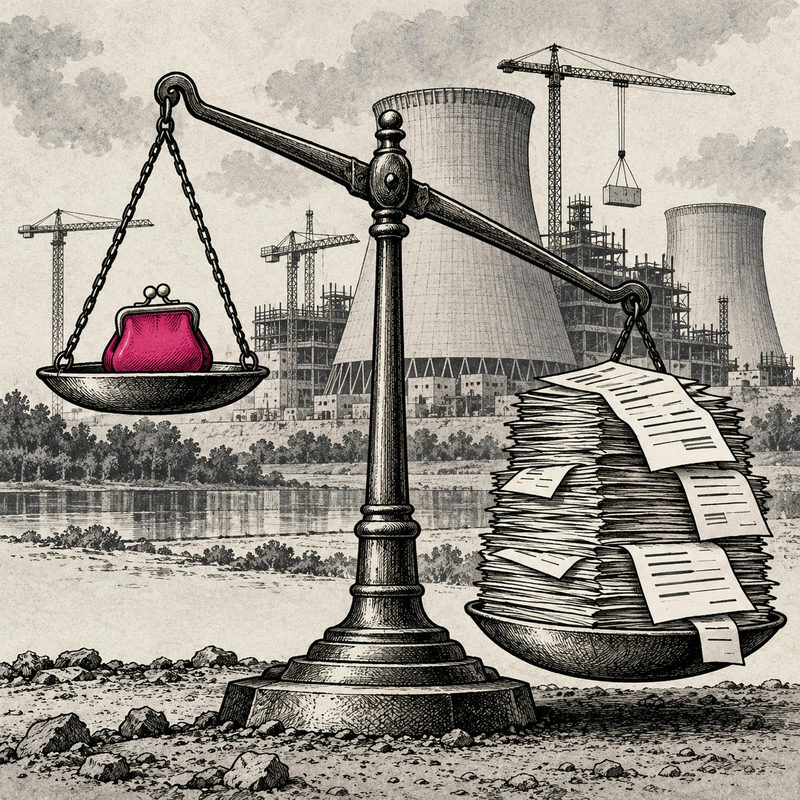 Democrawonk — A tilted balance holds a small pink purse on one side and a large stack of bills on the other, with power-plant construction behind it.