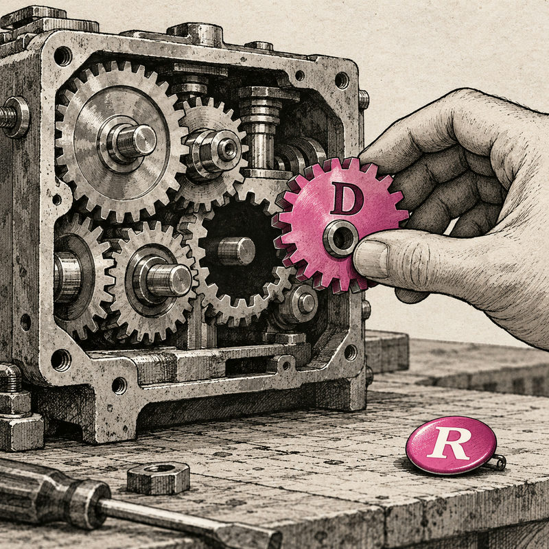 Democrawonk — A coherent hand holds a pink D-marked cog beside an open gearbox while an R-marked badge lies on the workbench.