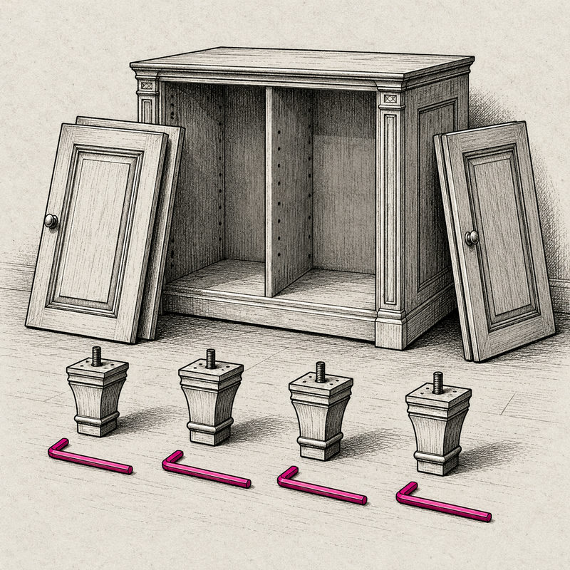 Democrawonk — An unassembled wooden cabinet sits beside its detached doors, four feet and four pink L-shaped tools.