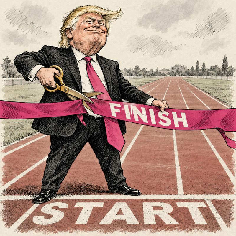 Trump cuts a pink FINISH ribbon while standing at a running track's START line, in a hand-inked editorial caricature.