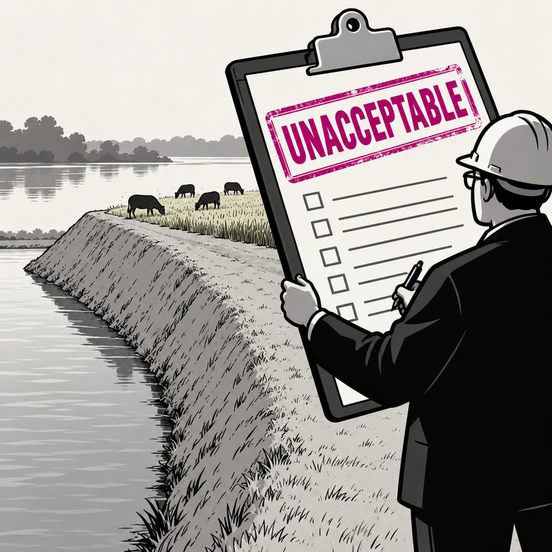 Democrawonk — An inspector holds an enormous clipboard stamped UNACCEPTABLE beside a levee where livestock graze behind the report.