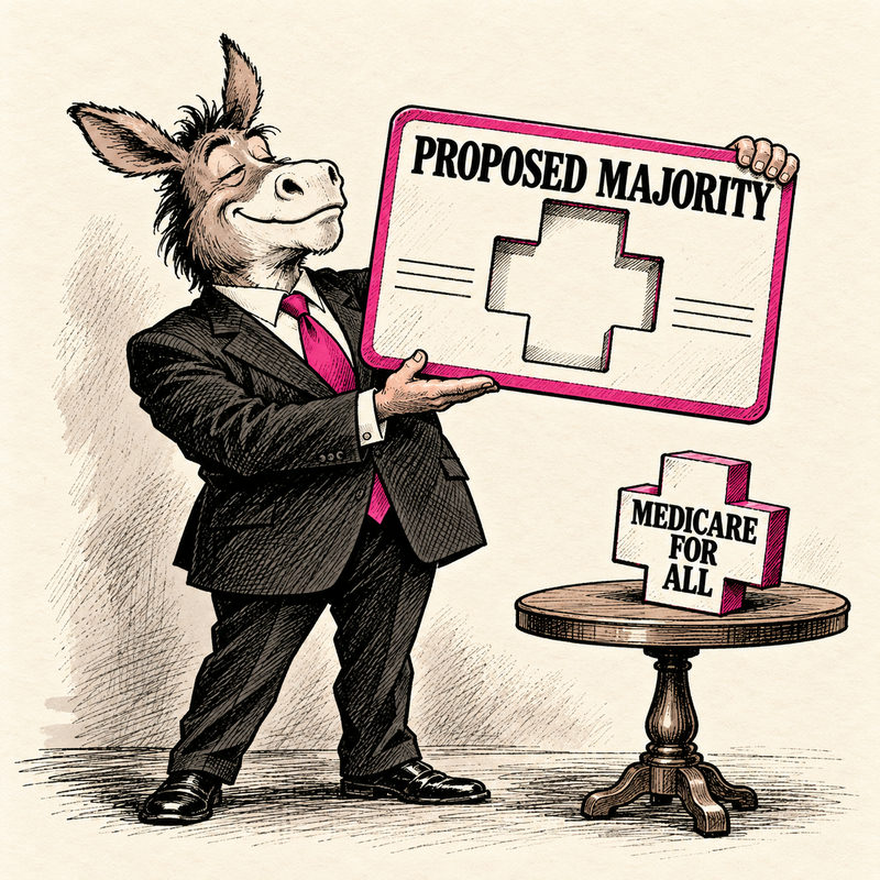 A smiling Democratic donkey holds a proposed-majority card with a medical-cross-shaped hole. The missing piece, marked Medicare For All, sits on a table.