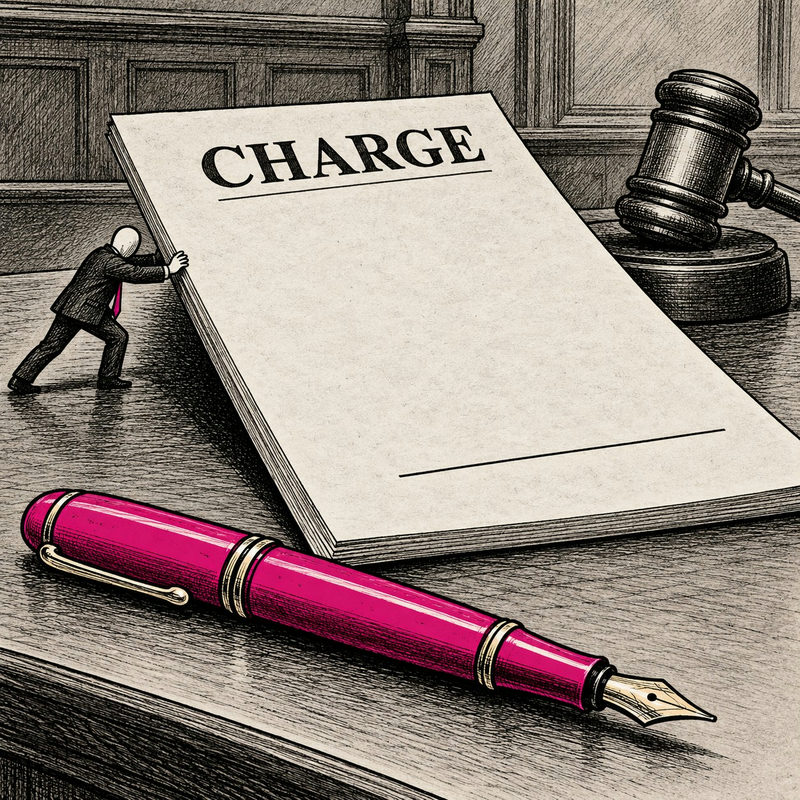Democrawonk — A tiny official pushes an oversized charging document with a blank signature line past an unused pink pen.