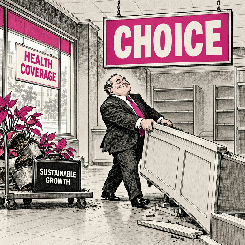 Democrawonk — An insurance executive removes a counter under a Choice sign beside uprooted plants and a Sustainable Growth briefcase.
