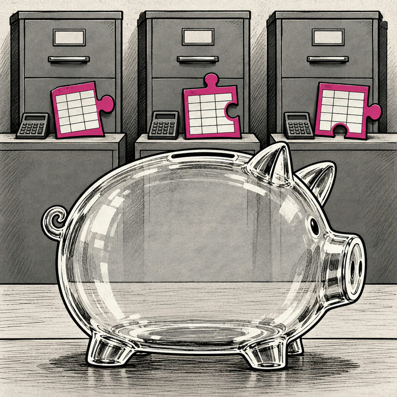 Democrawonk — An empty glass piggy bank stands before three filing cabinets, each with a separate calculator and a pink spreadsheet puzzle piece.