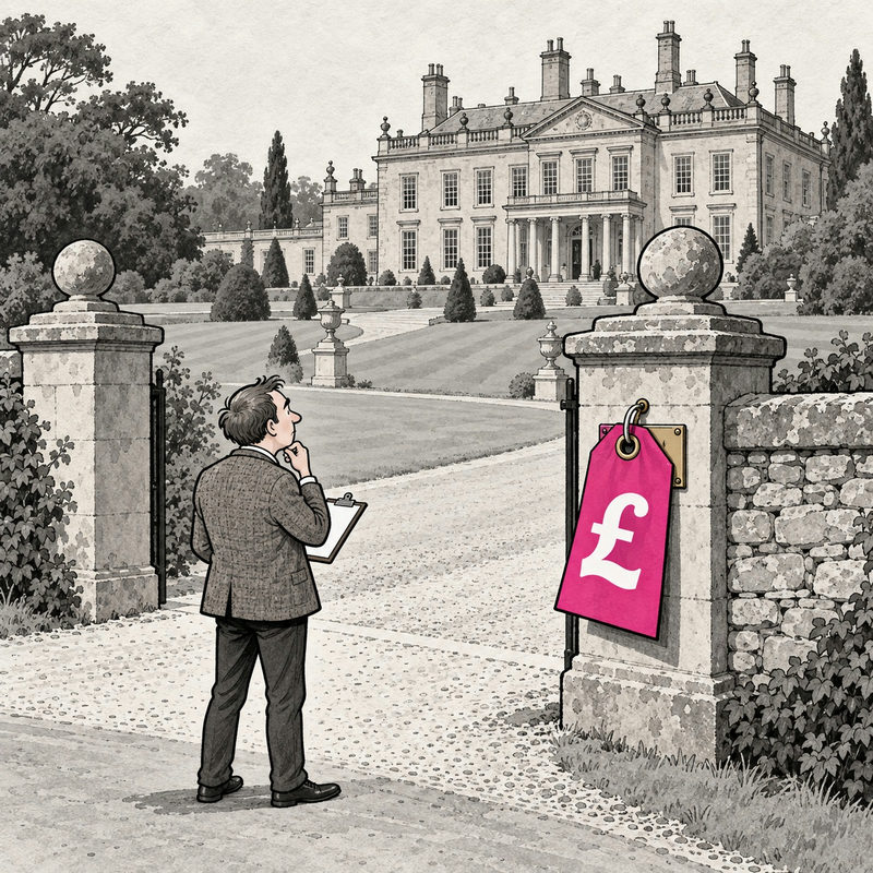 Democrawonk — A visitor studies an estate entrance where a large pink pound-sign price tag hides the ownership plaque beneath a plainly visible mansion.