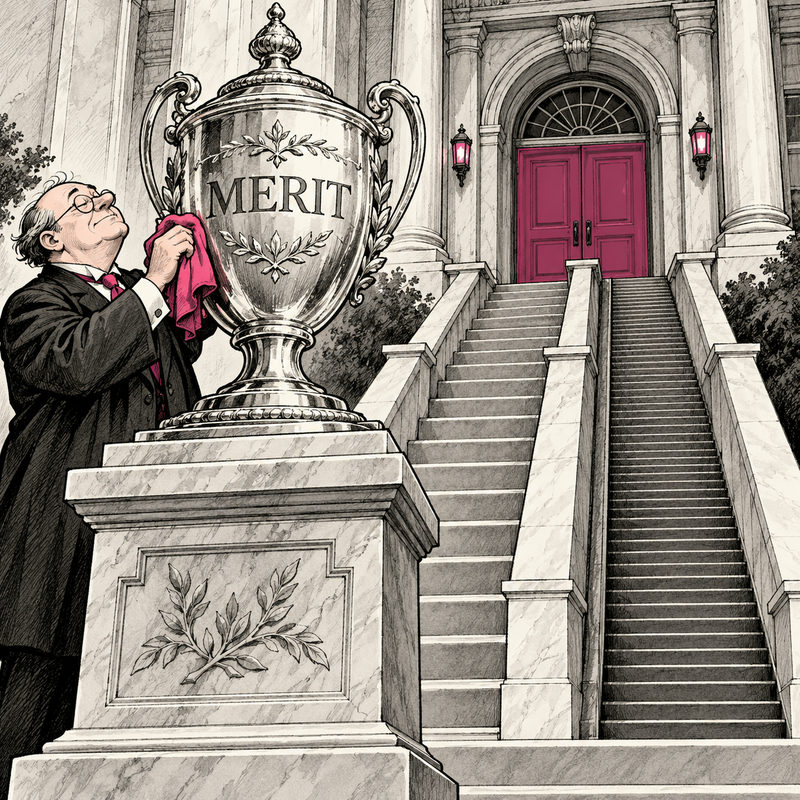 An adult polishes a giant trophy marked MERIT beside two unequal stairways leading to a grand school entrance.