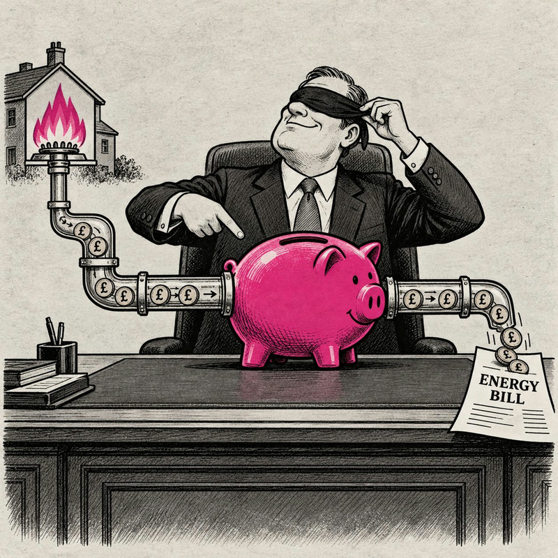 Democrawonk — A blindfolded banker points to a pink piggy bank connected by pipes to a gas flame and an energy bill.