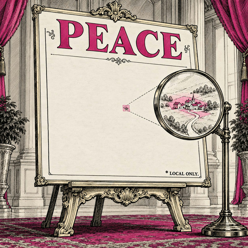 Democrawonk — An ornate PEACE poster shows a tiny pink town under a magnifying glass and the footnote LOCAL ONLY.