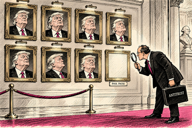 In an imaginary gallery crowded with Trump portraits, an antitrust examiner studies the single empty frame marked POOL PAUSE.