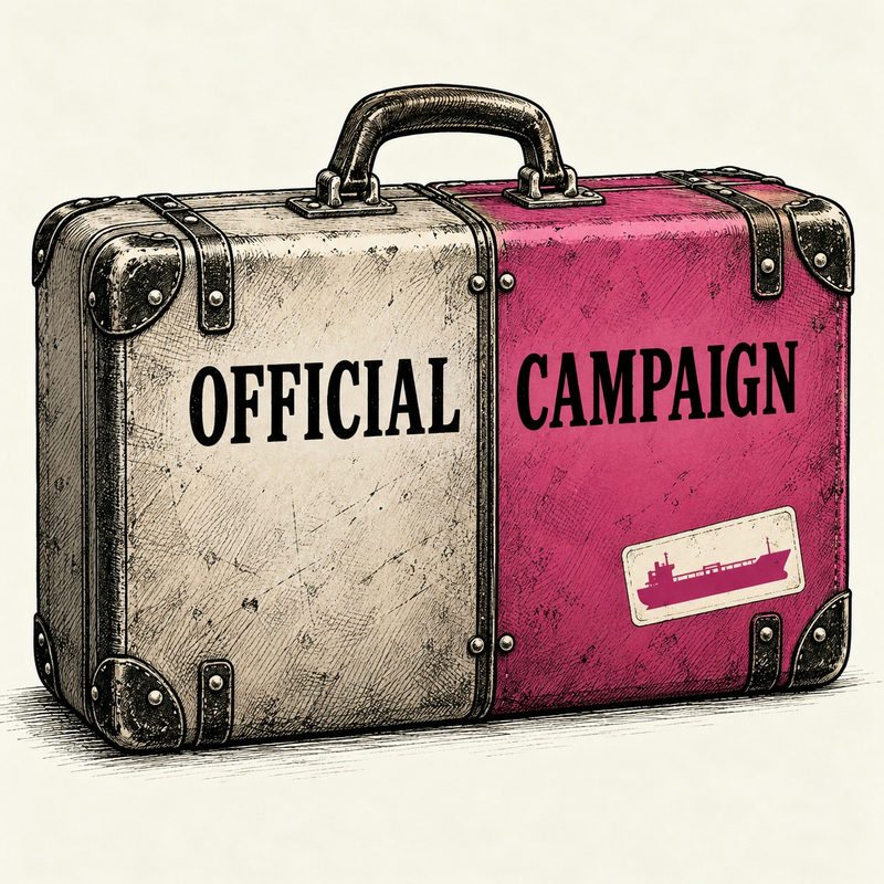 Democrawonk — A suitcase labelled Official and Campaign shares a single handle, with a small oil tanker sticker on its pink half.
