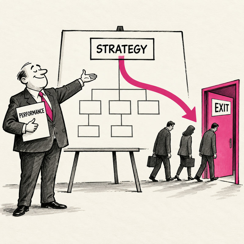 An executive presents a performance chart whose pink arrow leads from Strategy to an exit where three employees walk out.