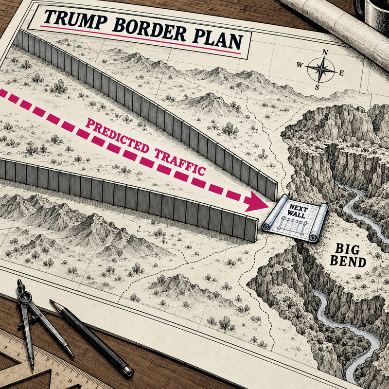Democrawonk — A satirical Trump border-plan map shows two walls funneling a pink arrow marked PREDICTED TRAFFIC toward Big Bend and a NEXT WALL blueprint.