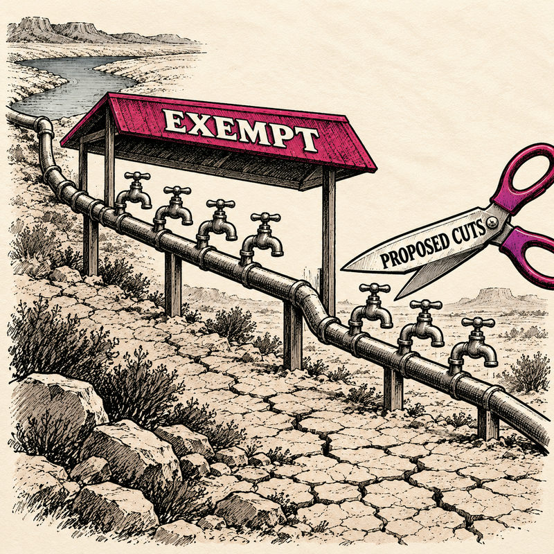 Four taps sit under an EXEMPT roof while scissors labeled PROPOSED CUTS hover near three downstream taps on the same pipe.