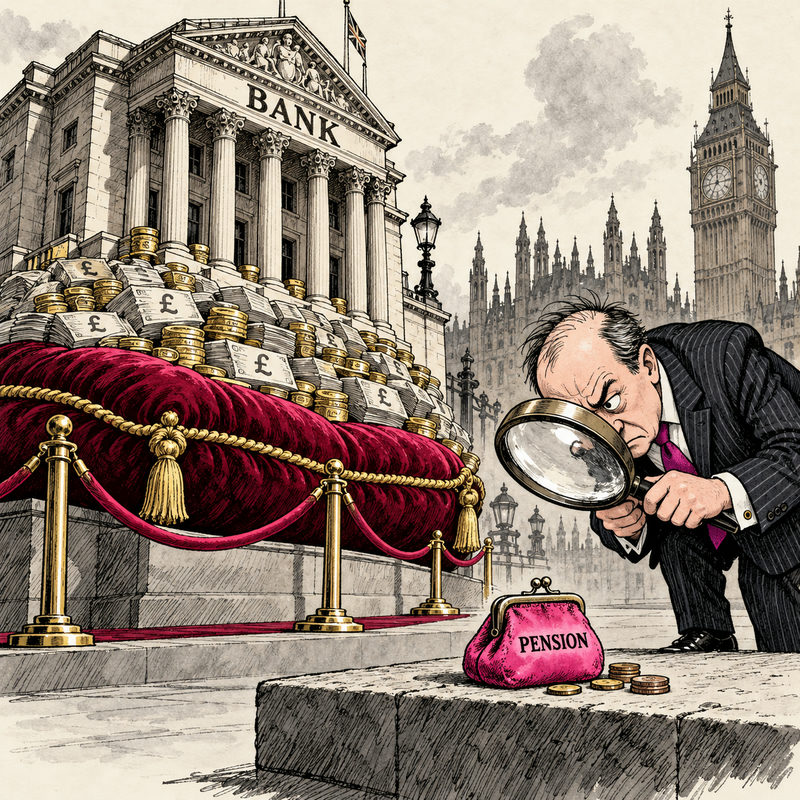 Editorial cartoon of a bank resting on a money-filled cushion while a generic economic adviser examines a tiny pink pension purse with a magnifying glass.