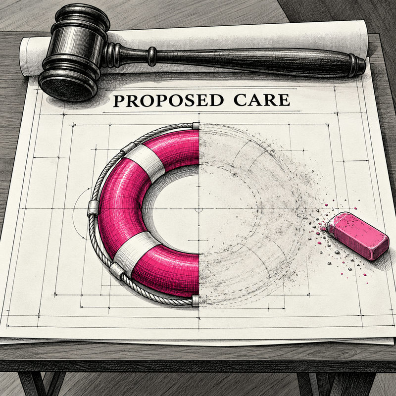 Democrawonk — A judge’s gavel pins down a proposed-care drawing of a pink lifebuoy with half erased and an eraser beside it.