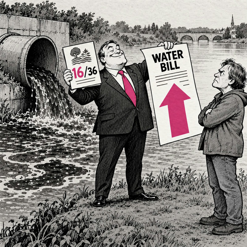 Democrawonk — A water executive holds a 16/36 environmental report card and an upward-pointing WATER BILL beside a polluted river and dissatisfied adult customer.
