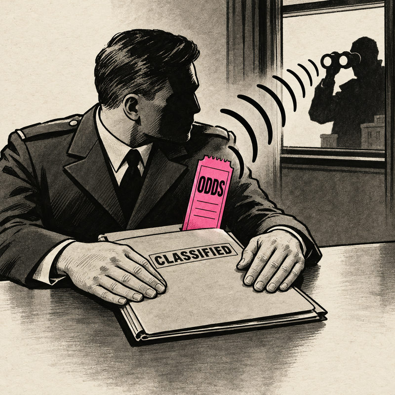 Democrawonk — A generic uniformed officer covers a folder marked CLASSIFIED while an oversized pink ODDS ticket protrudes like an antenna, sending signal arcs toward a shadowy binocular observer outside a window.
