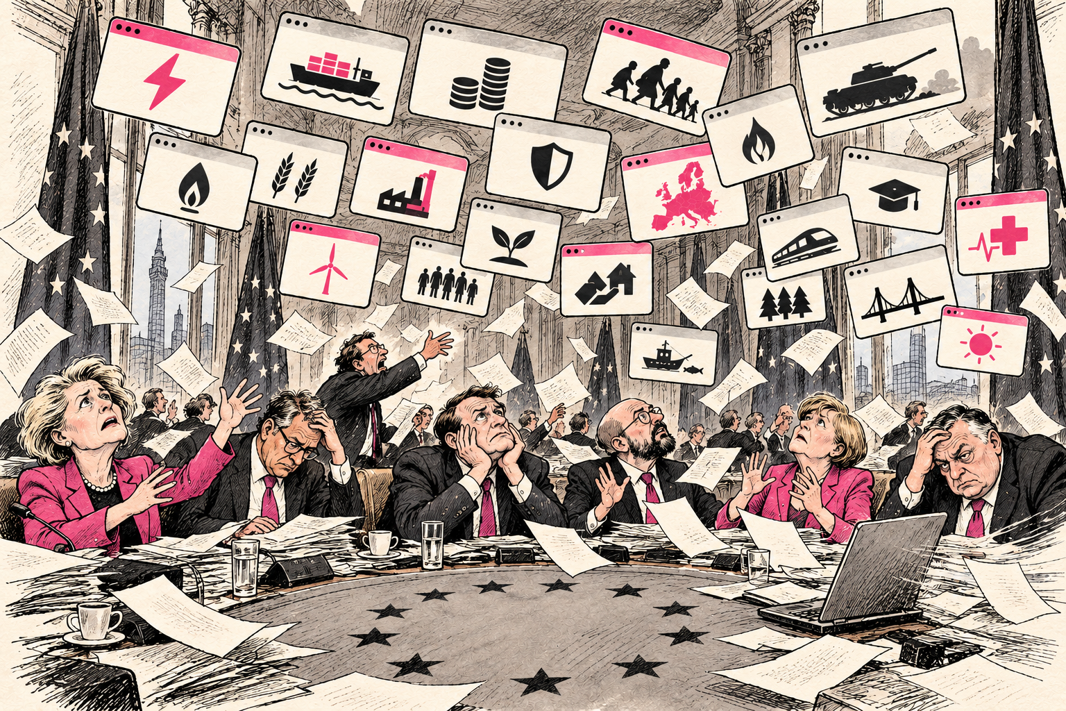 European politicians sit at a summit table overwhelmed by floating browser tabs showing policy symbols.