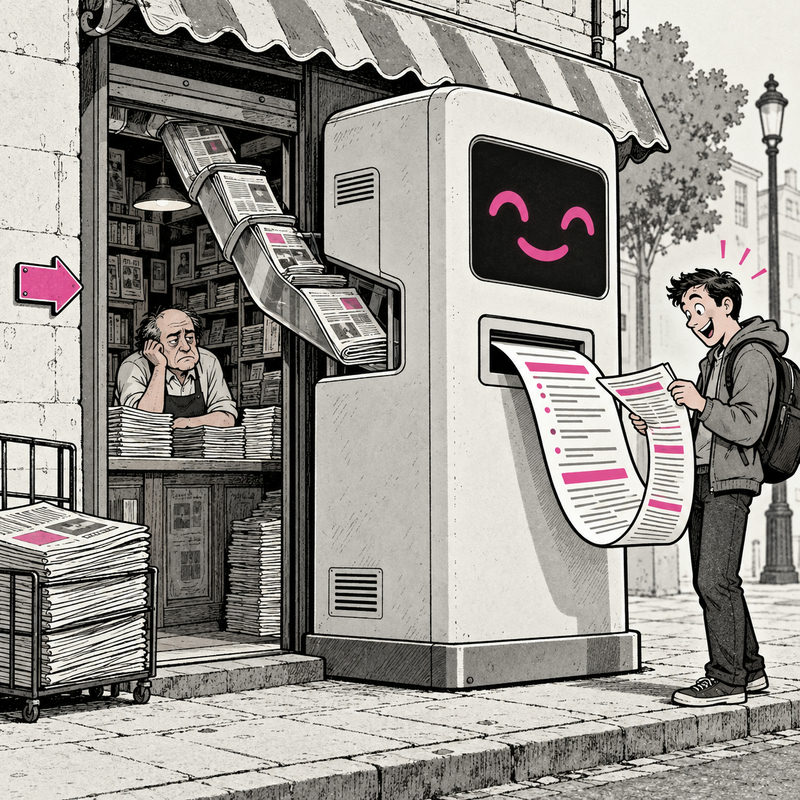 Democrawonk — An AI answer kiosk consumes a newspaper shop’s work while blocking its entrance.